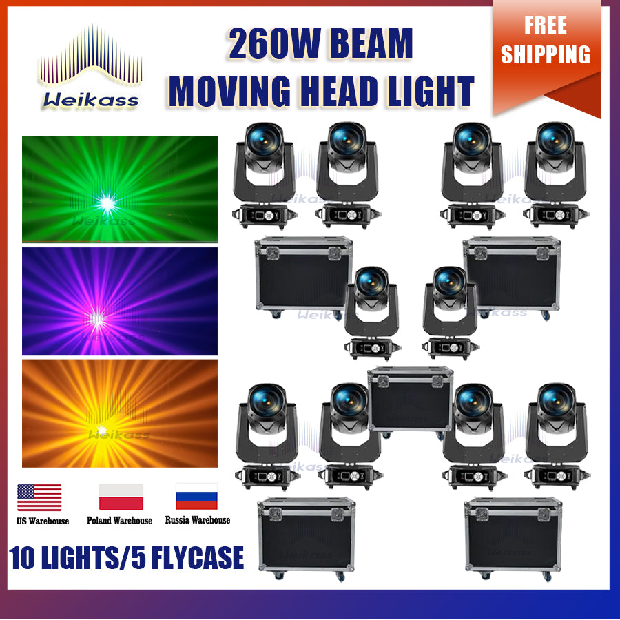 0 Tax 10Pcs 9R 260W Beam Bulb Moving Head Lighting With 5 Flycases Double Prism DJ Disco Club Rainbow Effect Wedding Show Bar Stage Christmas Party DMX512