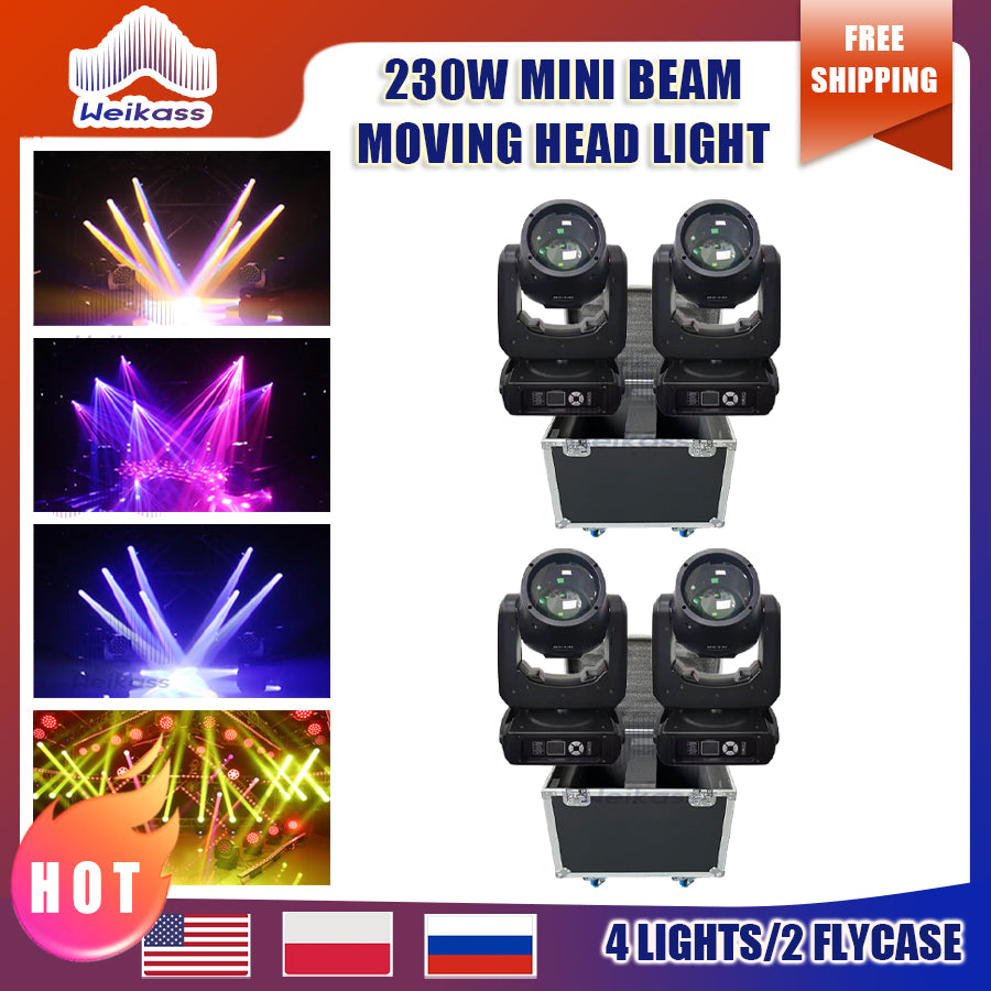 0 Tax 4Pcs New Professional Mini 230w 7R Moving Head Beam Lights With 2Pcs Flightcases for DJ Disco Parties Wedding DMX Stage