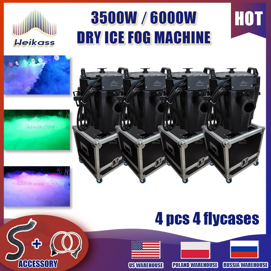 0 Tax 4Pcs DMX 3500W Dry Ice Fog Machine With 4 Flycases Low Ground Lying Smoke Machine Stage Party Wedding Concert With Pipe And Nozzle