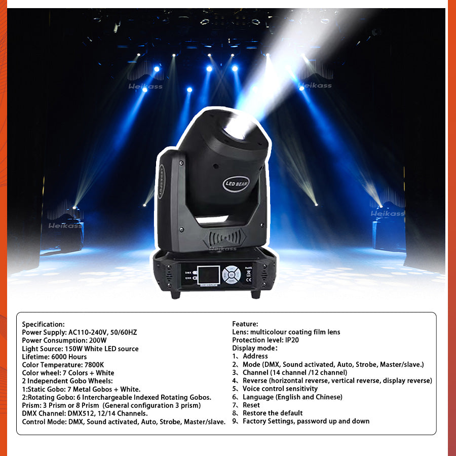 No Tax 8Pcs LED 150W Beam Gobo Moving Head Stage Light Effect 3 Or 8 Prism DMX512 For Club KTV Disco DJ Party Lighting Pattern Holiday Lamp