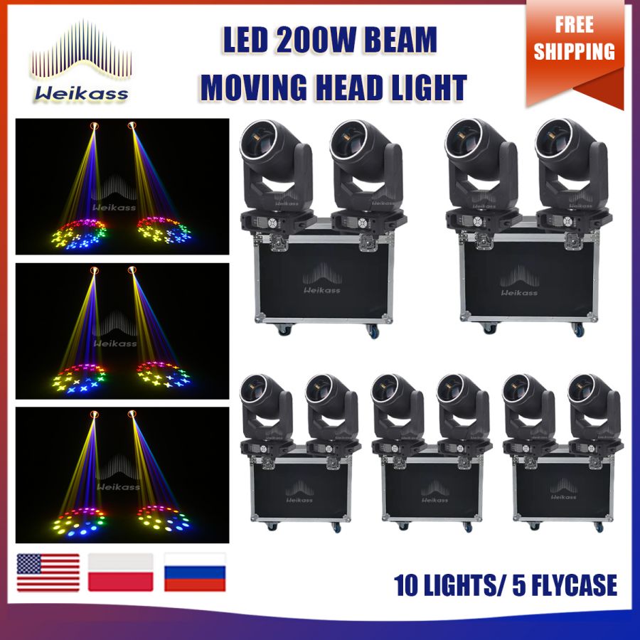 No Tax 5 Flycases 10PCS 200W Beam Spot LED Moving Head Wash Pro Sound Disco Party Nightclub Bar Wedding Live Activity Stage Lighting