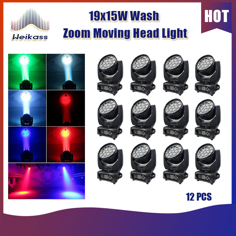 0 Tax  12Pcs New LED 19x15W RGBW Beam+Wash Zoom Moving Head Light DMX 16/20 CH DJ Disco Part Church TV Studio Stage Effect Equipment