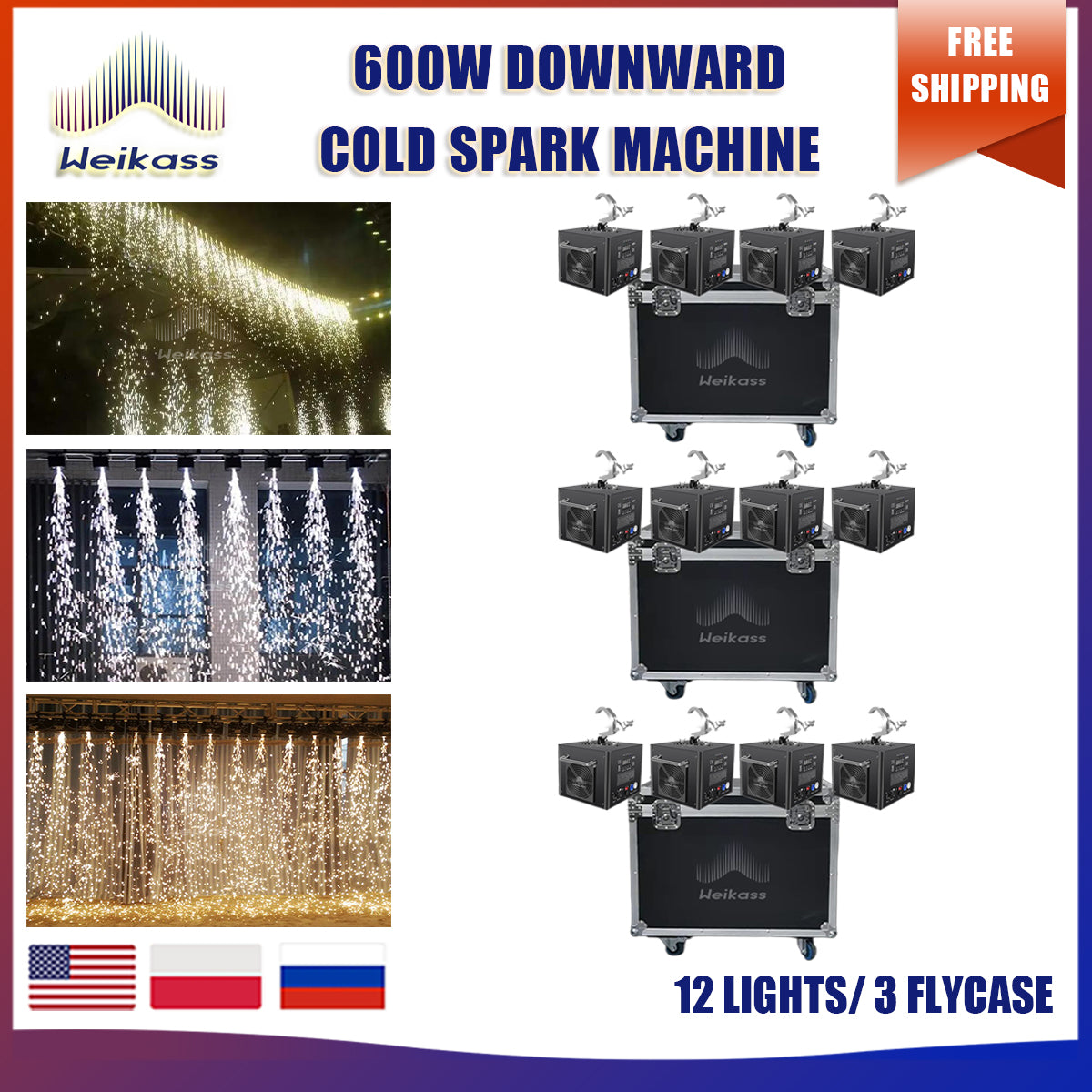 No Tax 12Pcs 600w Downward Cold Spark Machine & Firework Machine Fountain Stage Spark Machine With 3PCS Flightcases Effect For Wedding Nightclub