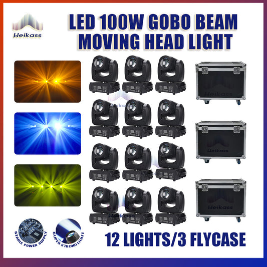 No Tax 12Pcs 100W Beam Gobo Light 3 Flightcase 18 Prism LED Spot Light Stage Effect Lighting DJ Disco Stage Moving Head Lights Stage DJ Lighting