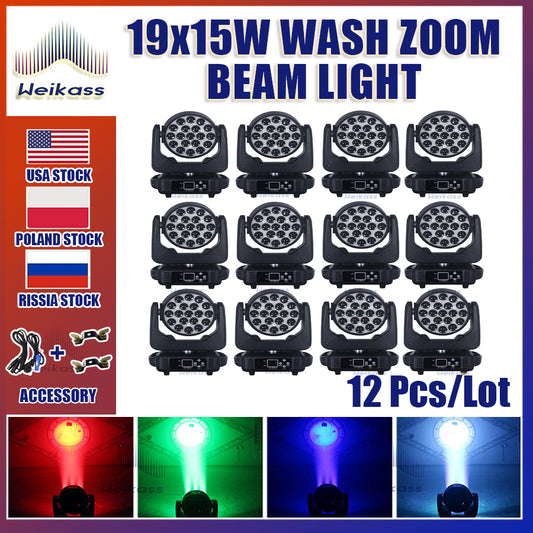 0 Tax 12Pcs 19x15W Moving Head Light Beam Wash 19x15W RGBW Zoom Moving Head Lighting for Disco KTV Party Free Fast Shipping