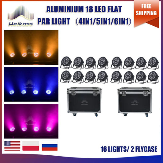 No Tax 16Pcs 18x12w RGBWA UV 5in1 LED Par Light DMX With 2 Flycases For Stage Dj Flat Light Hotel KTV Bar Disco Light 18x12w RGBW Par Light