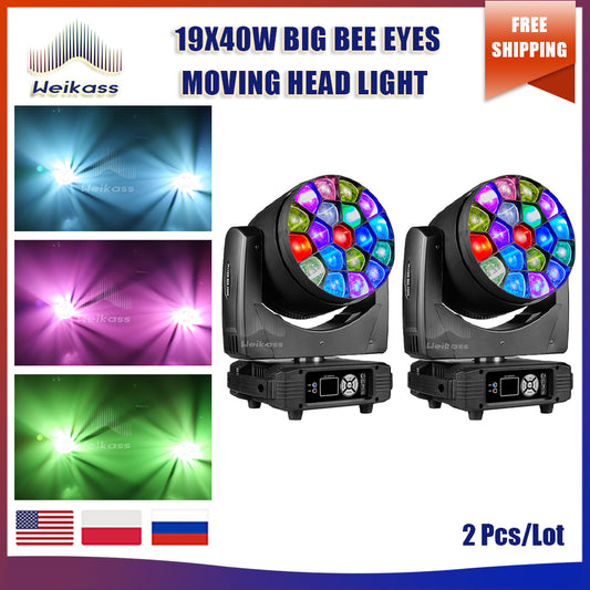 0 Tax 2Pcs LED Beam+Wash Big Bees Eyes 19x40W RGBW Zoom Moving Head Lighting DJ Disco Wedding Party Stage Effect Equipment