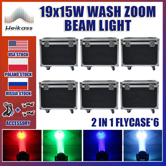 0 Tax 6Pcs  Flycase For Zoom Lyre Wash Dmx 19X15W Led Wash Zoom Rgbw Moving Head Light Stage Spotlight For Dj Nightclub Disco RGBW