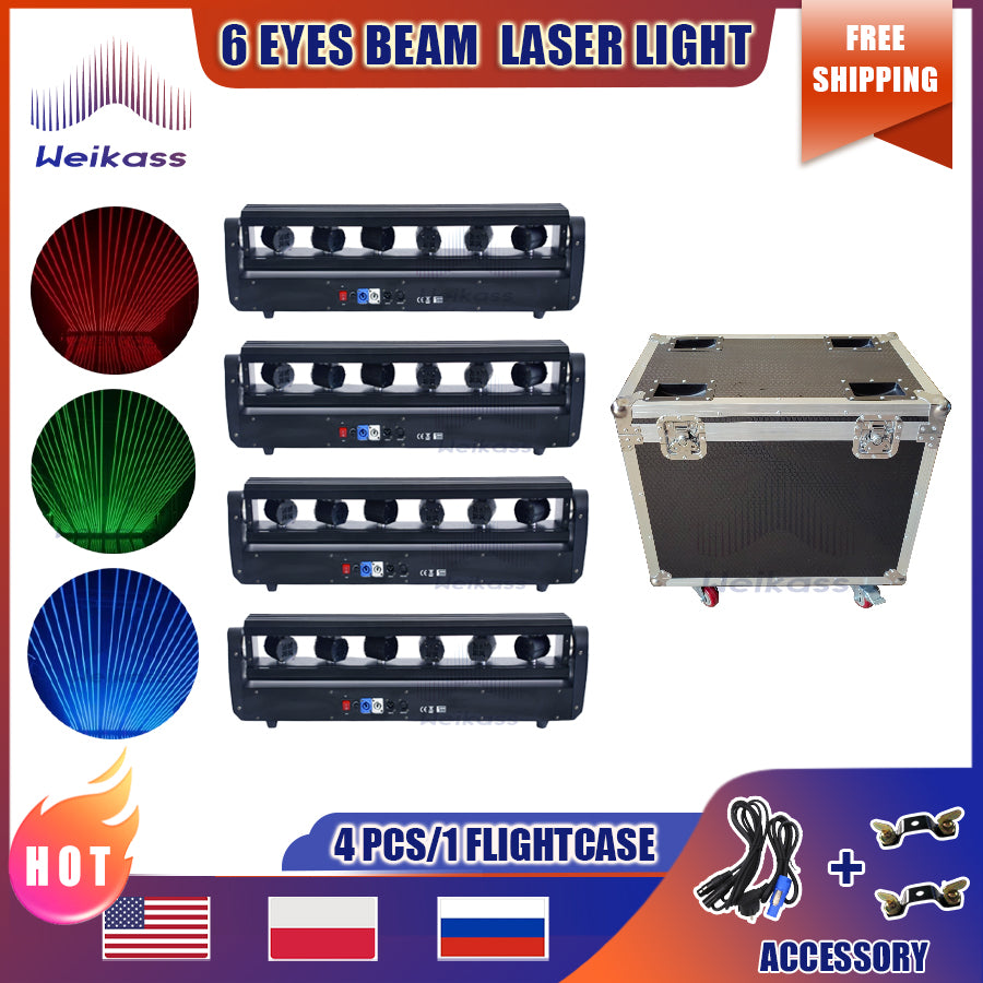 No Tax 4Pcs 6 Eyes Moving Head Laser Light With 1 Flightcase Stage Effect Lighting DJ Disco Stage Moving Head Lights Stage DJ Lighting