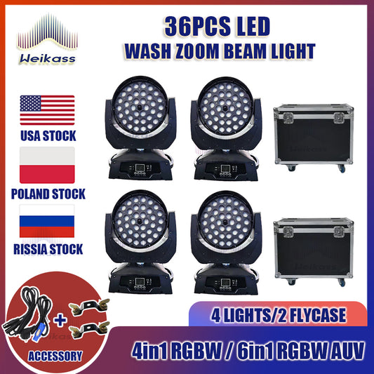 0 Tax 4Pcs LED Zoom Wash 36x18w Rgbwauv 6in1 Moving Head Light With 2 Flycases Lyre Wash Zoom 36x12w 4in1 Moving Head  Light