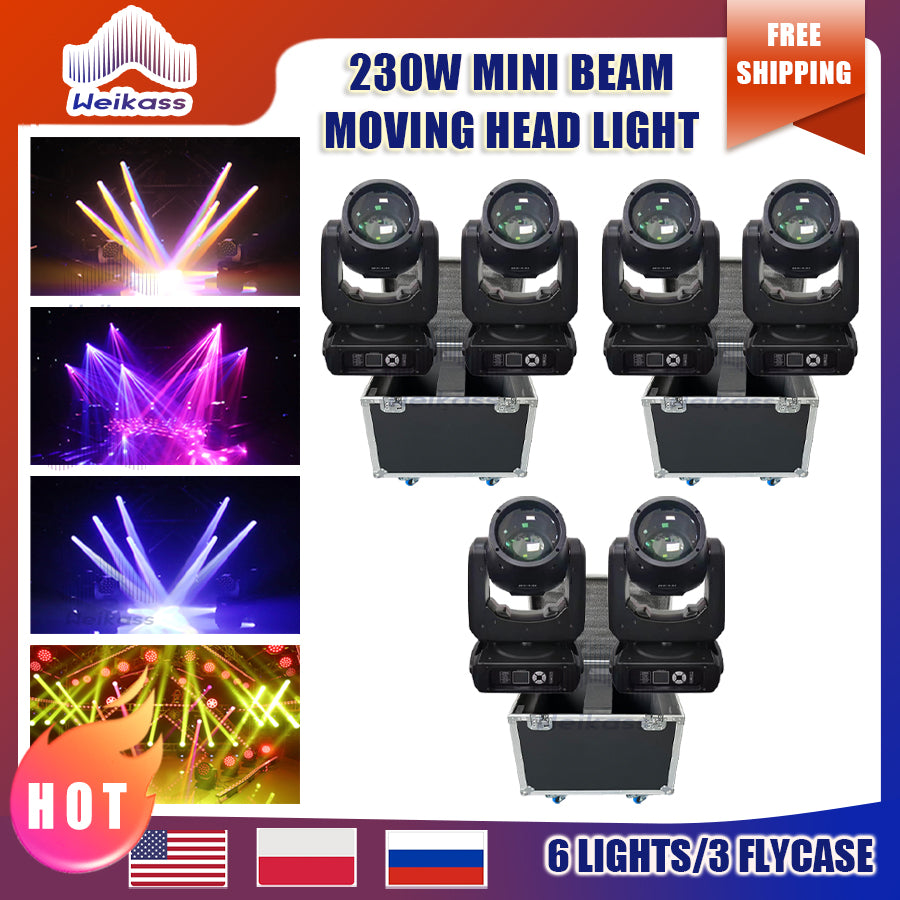 0 Tax 6Pcs New Arrival Bulb Mini 230W 7R Beam Moving Head Lighting with 3Pcs Flightcases Rainbow Wedding Nightclub Disco Stage