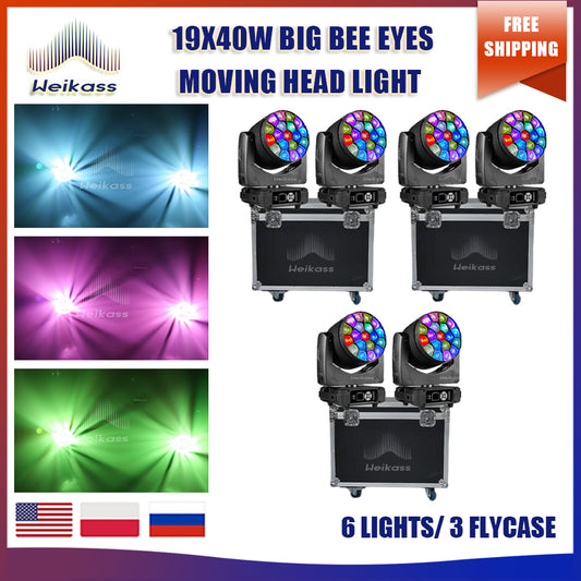 0 Tax 3 Flight Cases 6 LED Beam Wash Big Bees Eyes 19x40W RGBW Zoom Moving Head Lighting With LED Aperture DJ Disco Stage