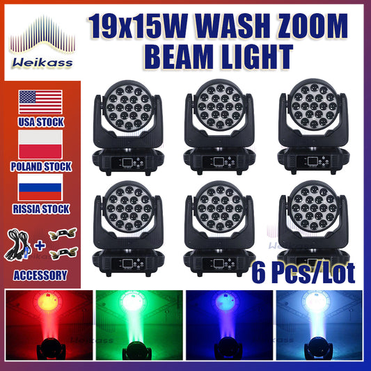 0 Tax 6Pcs 19x15W Moving Head Light Beam Wash 19x15W RGBW Zoom Moving Head Lighting for Disco KTV Party Free Fast Shipping