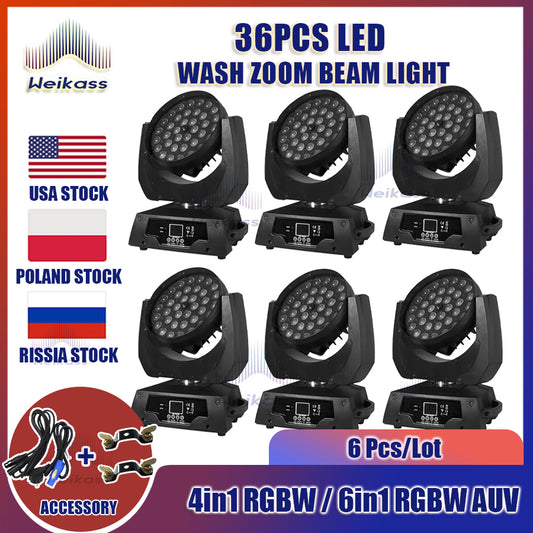 0 Tax 6Pcs LED Wash Zoom Moving Head Light 36x12w RGBW 6in1 36x18w Rgbwauv Touch Screen DMX512  Disco Party Stage Lighting