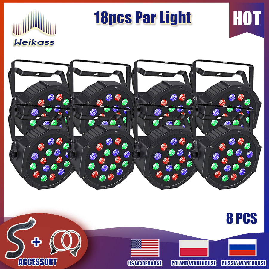 No Tax 8Pcs 18LED Par Light Led PP Material Light DMX512 RGB Master-slave Mode Stage Led Par Lighting Equipment For DJ Disco Family Birthday Party