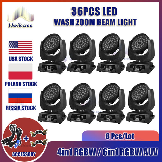 0 Tax 8Pcs 36x18W RGBWA+UV LED Wash Zoom Moving Head Lighting 36x12w 4in1 Screen DJ Disco Bar KTV Party Stage Lighting Equipment