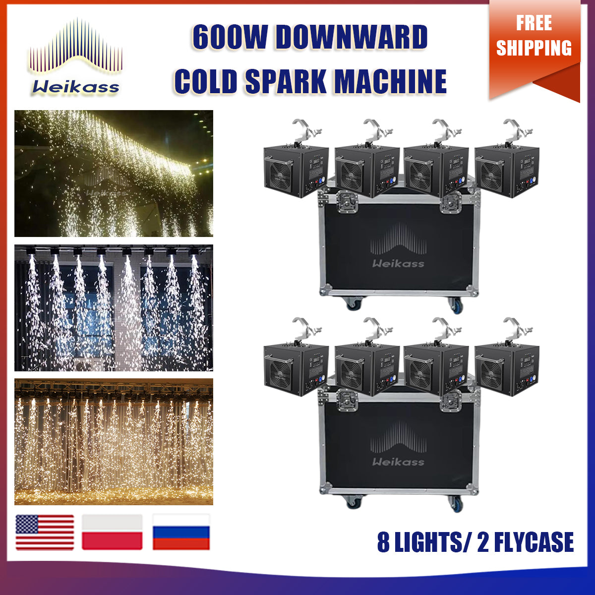 No Tax 8Pcs Hanging Upside Down Rotating Cold Spark Machine With 2 Flycase Electronic Sparkler Sparkular 600w Waterfall Firework For Wedding Party