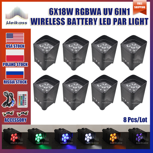 0 Tax 8Pcs Par Light 6x18W 6in1RGBAW+UV Battery Lighting Wireless Infrared Control Wifi Battery For KTV Party Bar Wedding