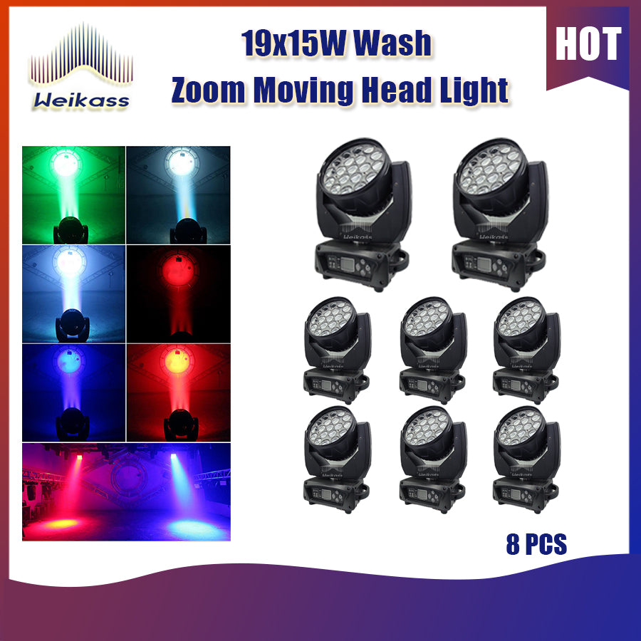 0 Tax  8Pcs 19x15W Moving Head Light Beam Wash 19x15W RGBW Zoom Moving Head Lighting for Disco KTV Party Free Fast Shipping