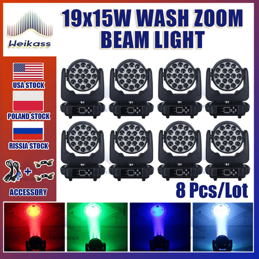 0 Tax 8Pcs 19x15W LED Wash Zoom Beam Moving Head Light RGBW DMX 512 for Professional Stage Disco Party Bar KTV Bar Stage Effect Lighting