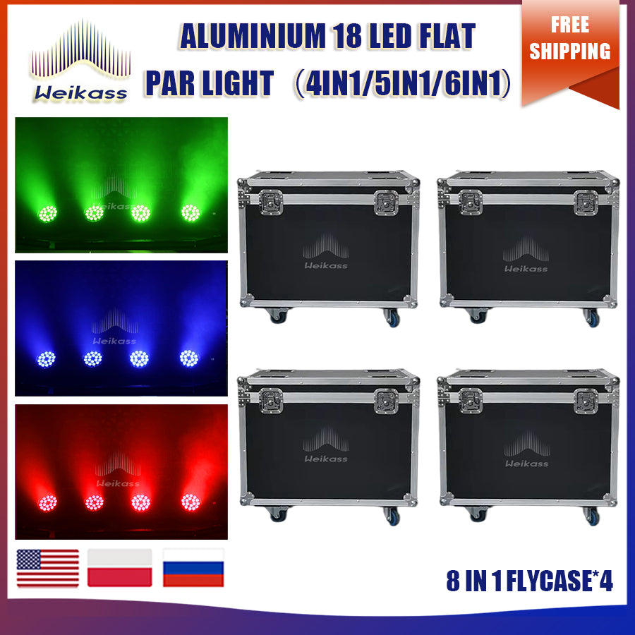 No Tax 4Pcs Flycase For 18x18w RGBWA UV 6in1 LED Par Light DMX Stage Dj Flat Light KTV Bar Disco night clubs 18x12w RGBW Par Light